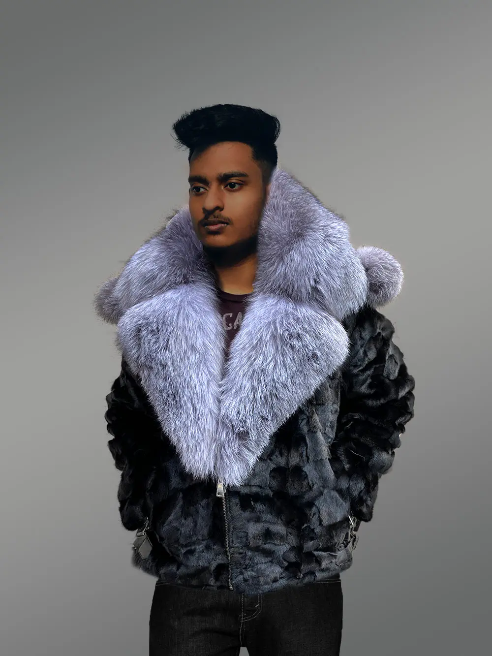 Black Mink Biker Style Jacket for Men - Image 3