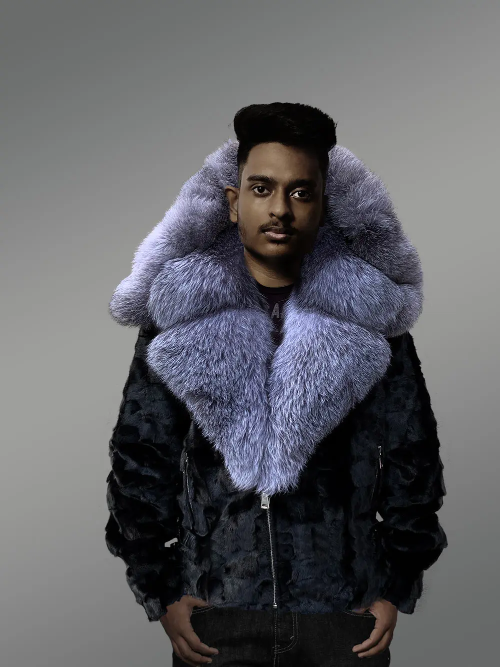 Black Mink Biker Style Jacket for Men - Image 2