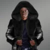 Black Shearling Coat With Fox Fur Collar for men