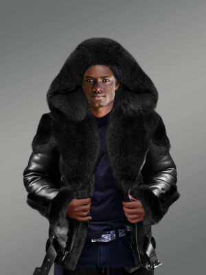 Black Shearling Coat With Fox Fur Collar for men