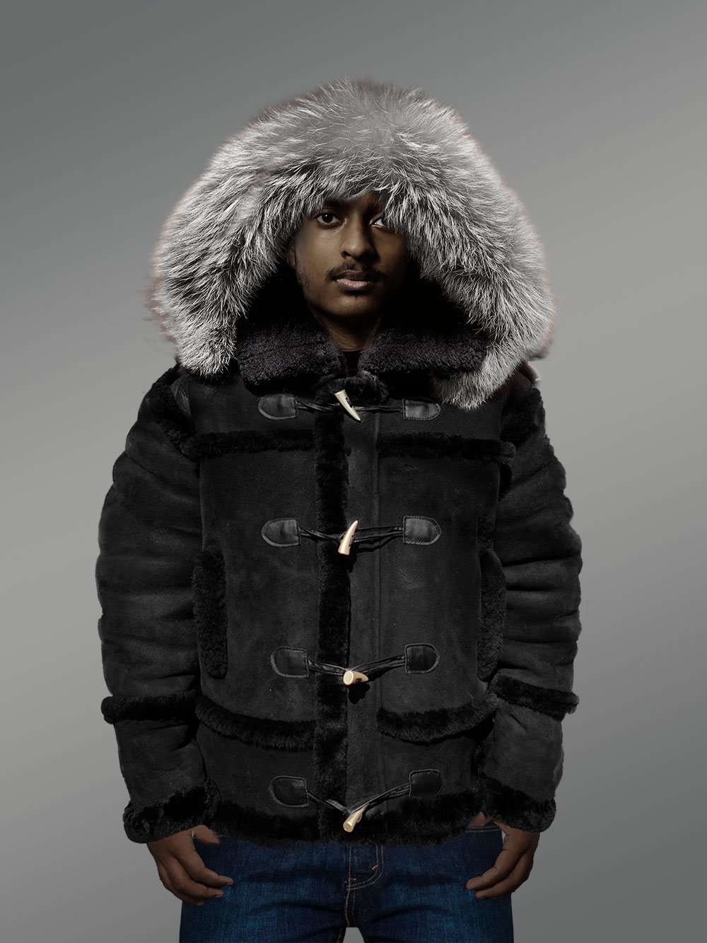 Suede Finish Black Shearling Jacket With Silver Fox Fur Hood - Image 3