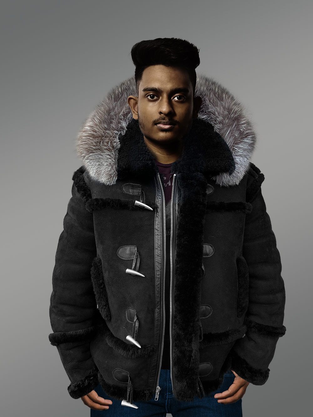 Suede Finish Black Shearling Jacket With Silver Fox Fur Hood