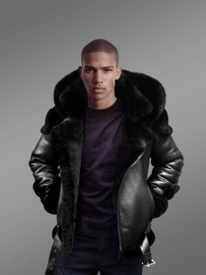 Black Sheepskin Jacket with Black Fox Fur for men