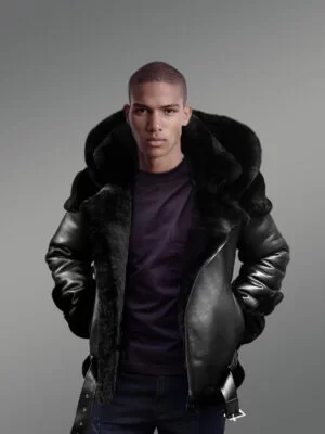 Black Sheepskin Jacket with Black Fox Fur for men