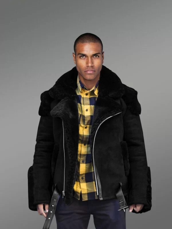 Black Suede Finish Biker Shearling Jacket For Men - Image 2