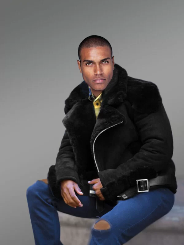 Black Suede Finish Biker Shearling Jacket For Men - Image 3