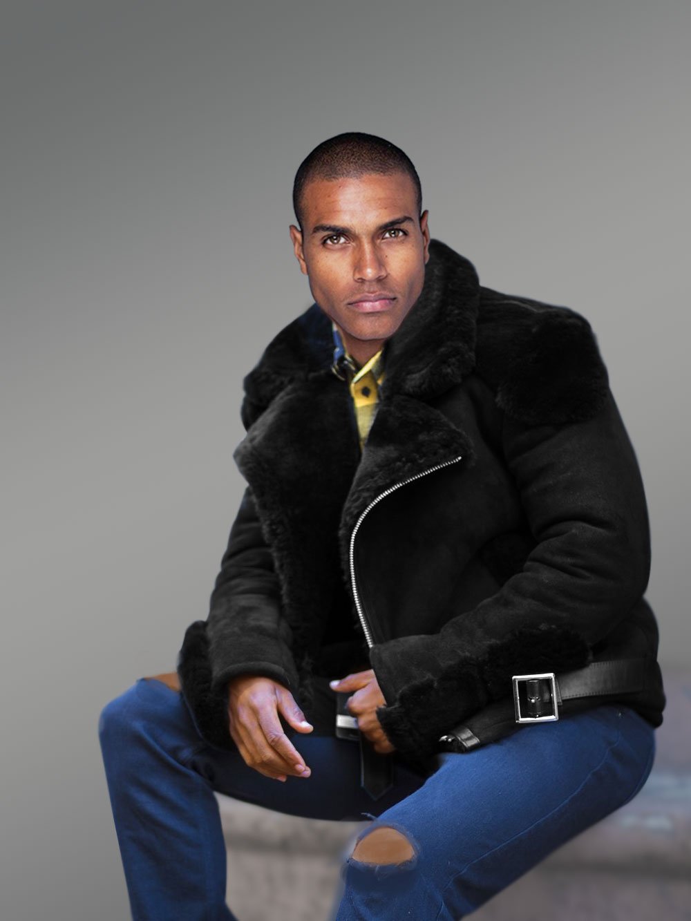 Black Suede Finish Biker Shearling Jacket For Men - Image 3