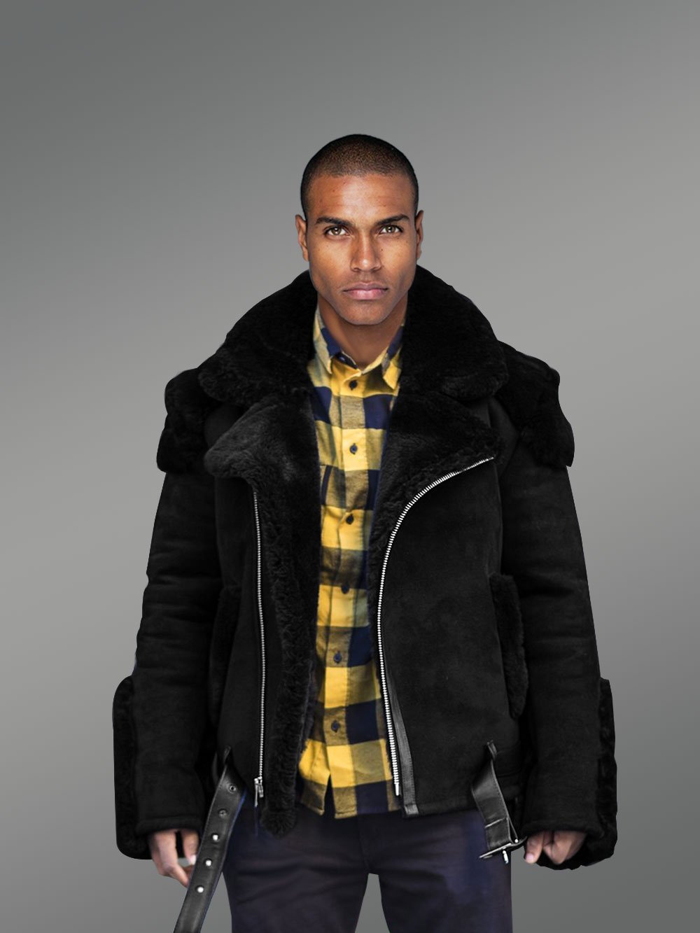 Black Suede Finish Biker Shearling Jacket For Men - Image 2