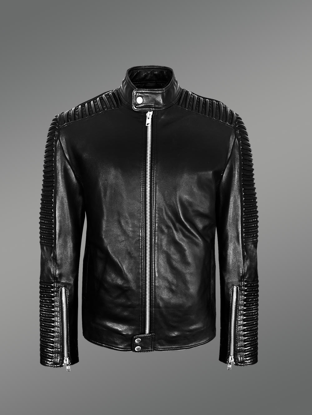 Black and long aura-building pure leather jacket for men