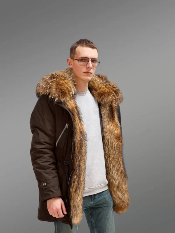 More Stylish and Elegant With Finn Raccoon Fur Hybrid Coffee Parka Convertibles for Men with Rabbit Liner - Image 3