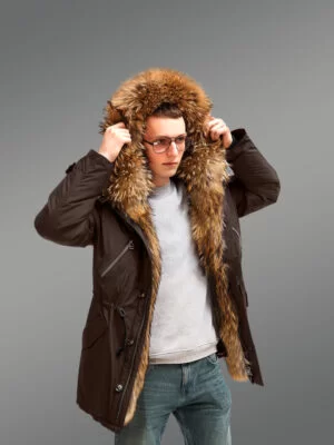 More Stylish and Elegant With Finn Raccoon Fur Hybrid Coffee Parka Convertibles for Men with Rabbit Liner