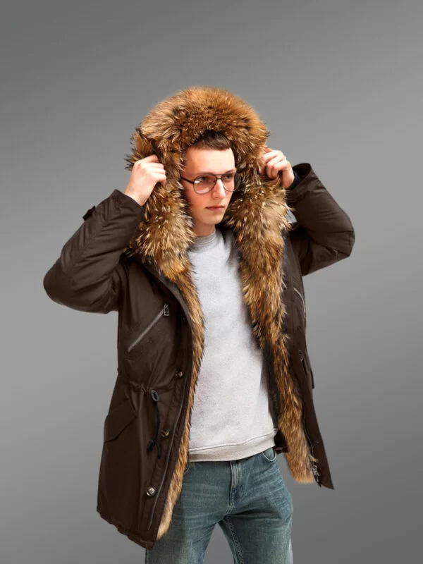 More Stylish and Elegant With Finn Raccoon Fur Hybrid Coffee Parka Convertibles for Men with Rabbit Liner
