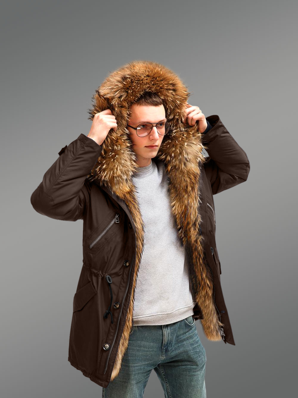 More Stylish and Elegant With Finn Raccoon Fur Hybrid Coffee Parka Convertibles for Men with Rabbit Liner