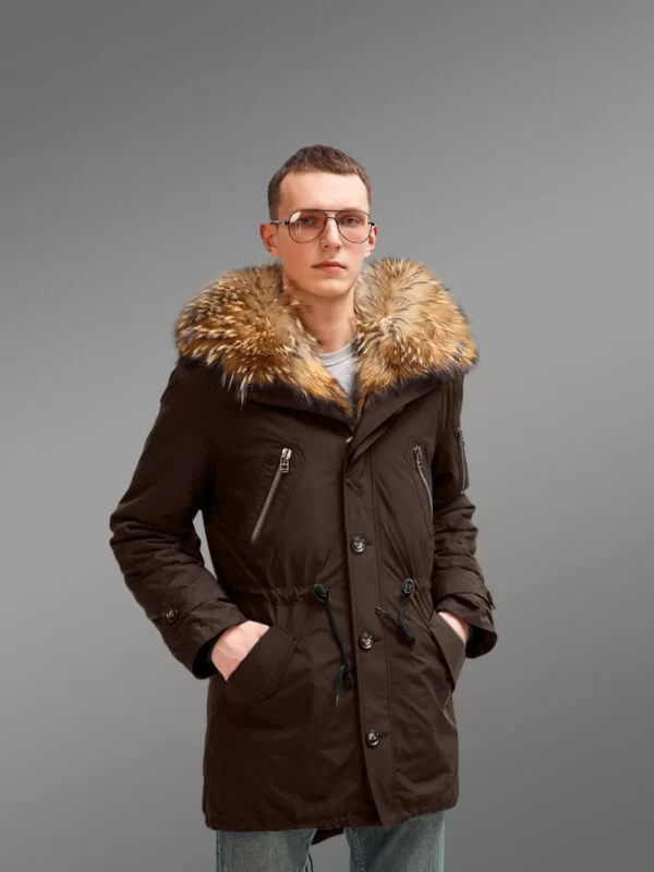 More Stylish and Elegant With Finn Raccoon Fur Hybrid Coffee Parka Convertibles for Men with Rabbit Liner - Image 2
