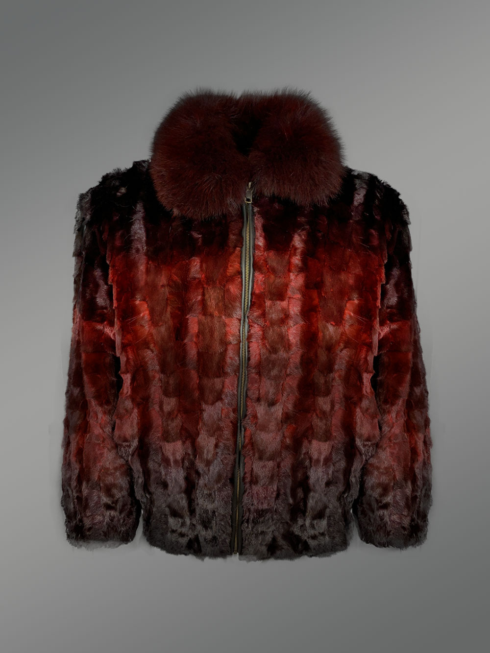 Burgundy Mink Bomber for Men with Fox Fur Collar - Image 3