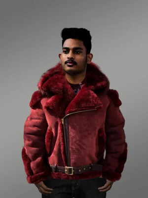 Burgundy Suede Finish Shearling Jacket with Fox Fur Hood