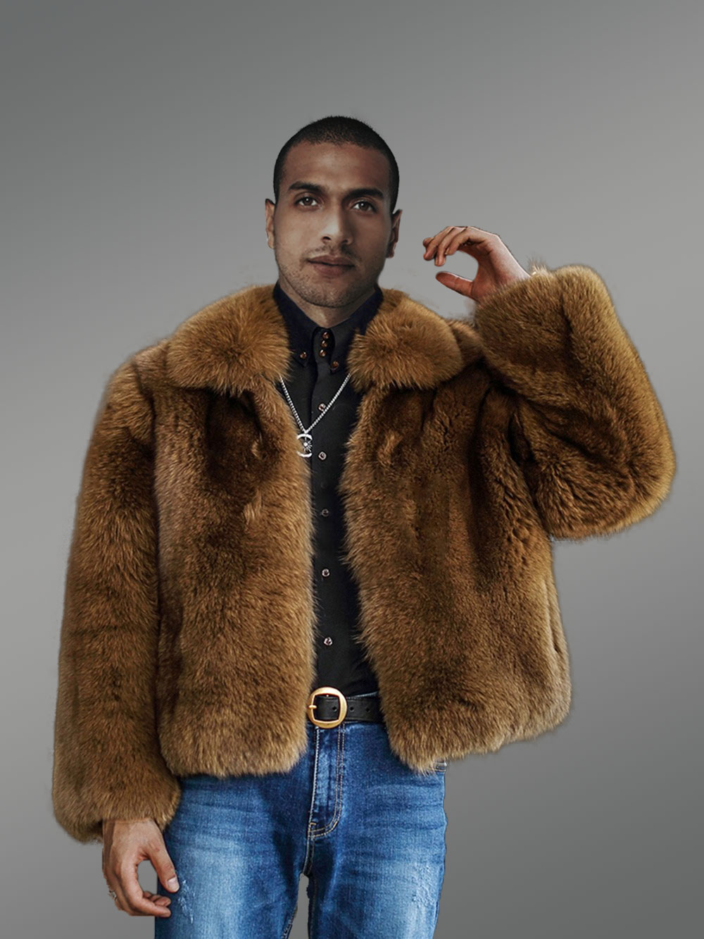 Classic Brown Fox Fur Bomber Jacket for Men