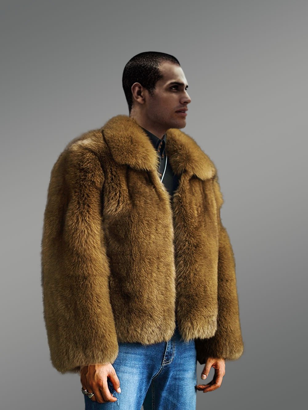 Classic Brown Fox Fur Bomber Jacket for Men - Image 3