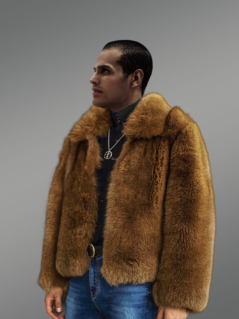 Classic Brown Fox Fur Bomber Jacket for Men - Image 4