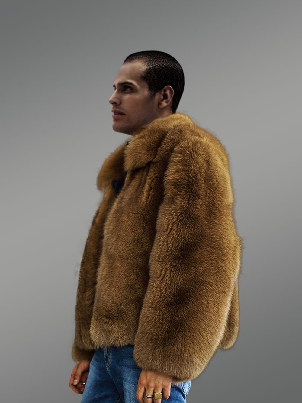 Classic Brown Fox Fur Bomber Jacket for Men - Image 7