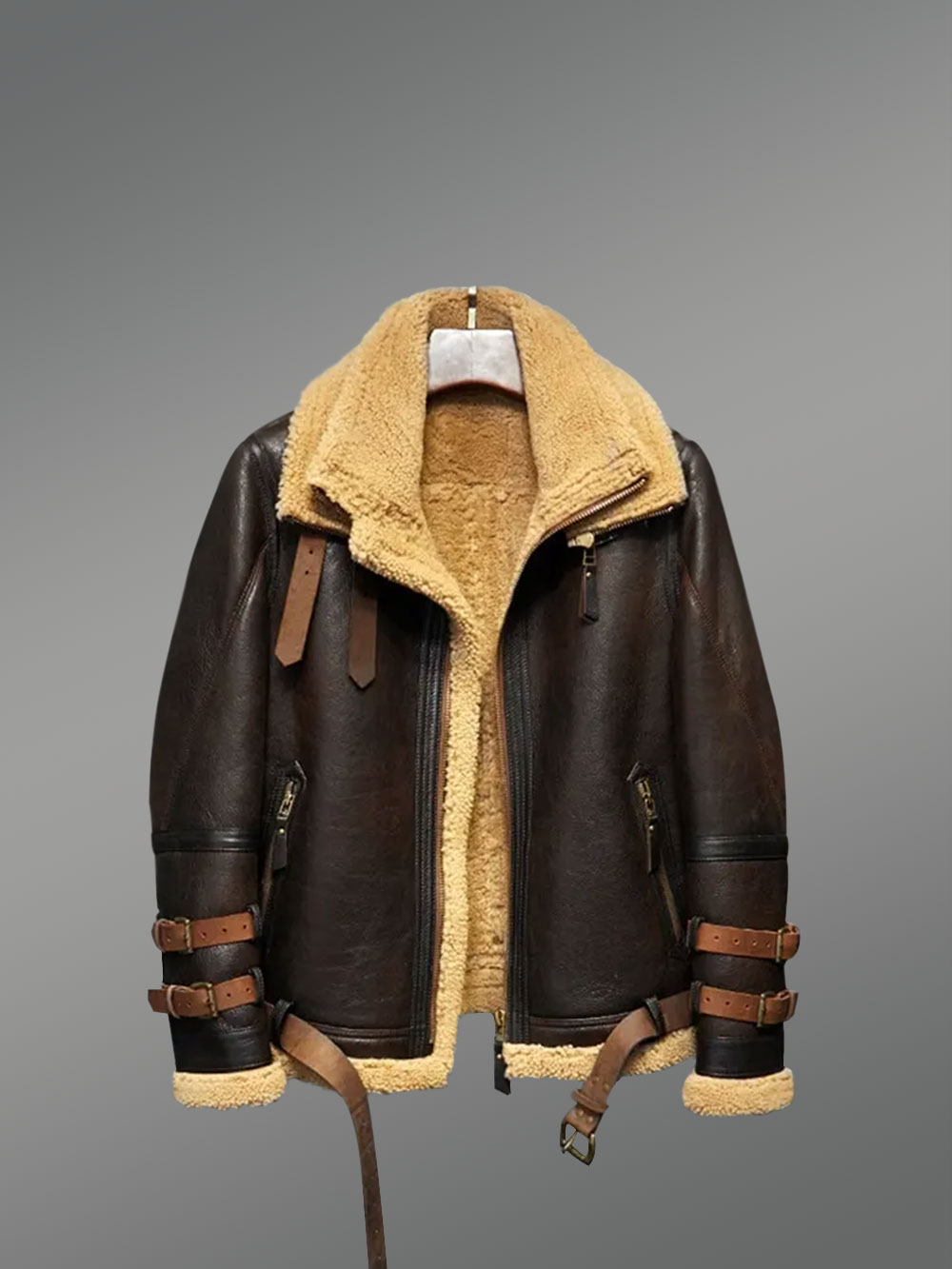 Coffee Brown Shearling Jacket With Cognac Belts