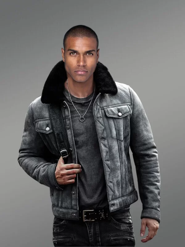 Denim Style Authentic Shearling Jacket for Men - Image 2