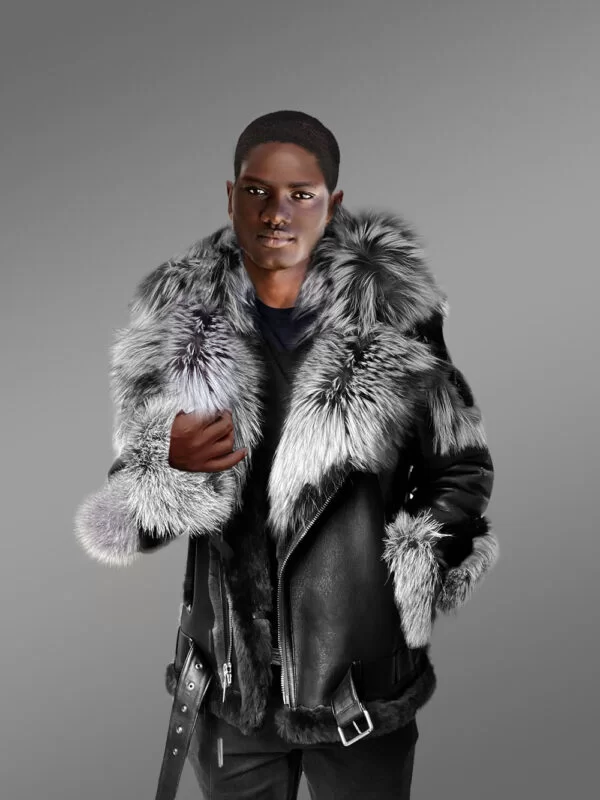 Exclusive Men Shearling Jacket With Silver Fox Detailing - Image 2