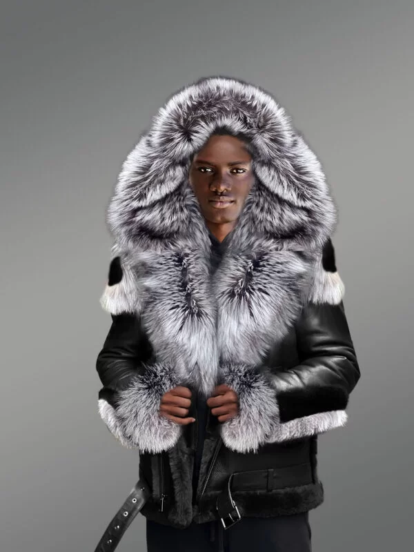 Exclusive Men Shearling Jacket With Silver Fox Detailing - Image 3