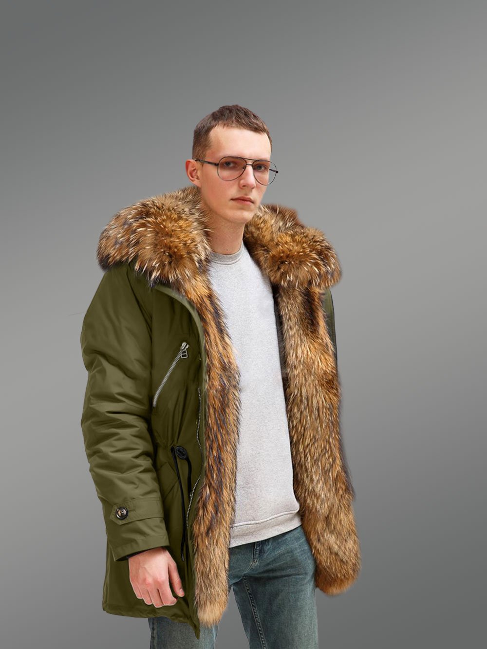 Improve Your Identity with Finn Raccoon Fur Hybrid Green Parka Convertibles for Men with Rabbit Liner - Image 3