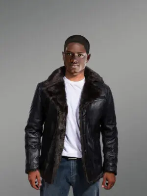 Men’s Shearling Fox Fur Coat in Black