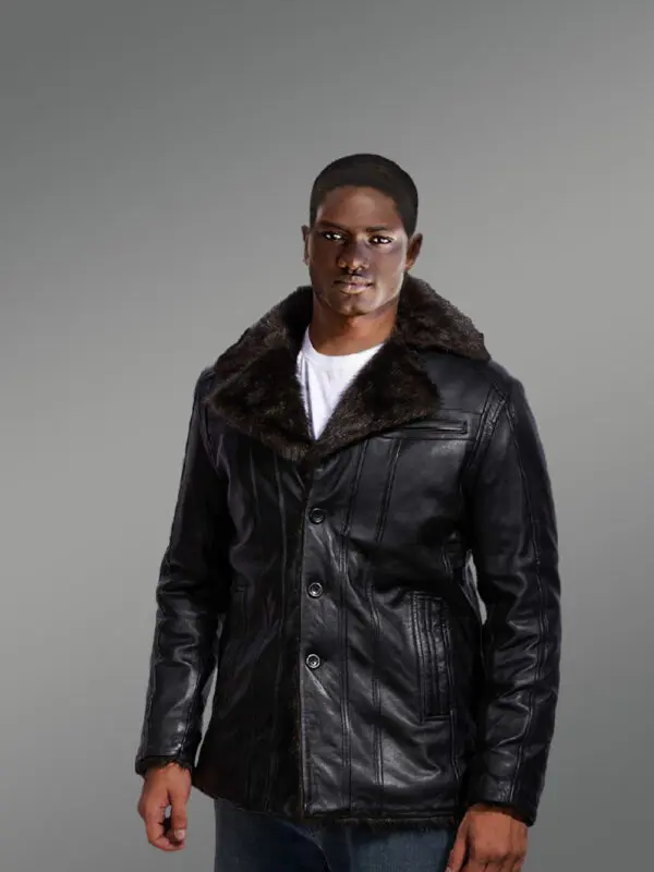 Men’s Shearling Fox Fur Coat in Black - Image 2