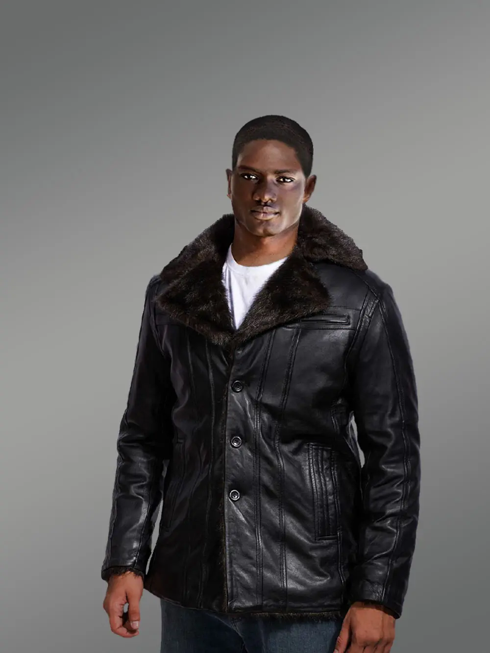 Men’s Shearling Fox Fur Coat in Black - Image 2
