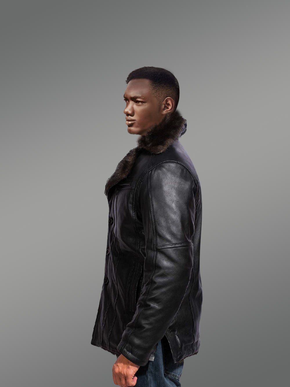 Men’s Shearling Fox Fur Coat in Black - Image 3