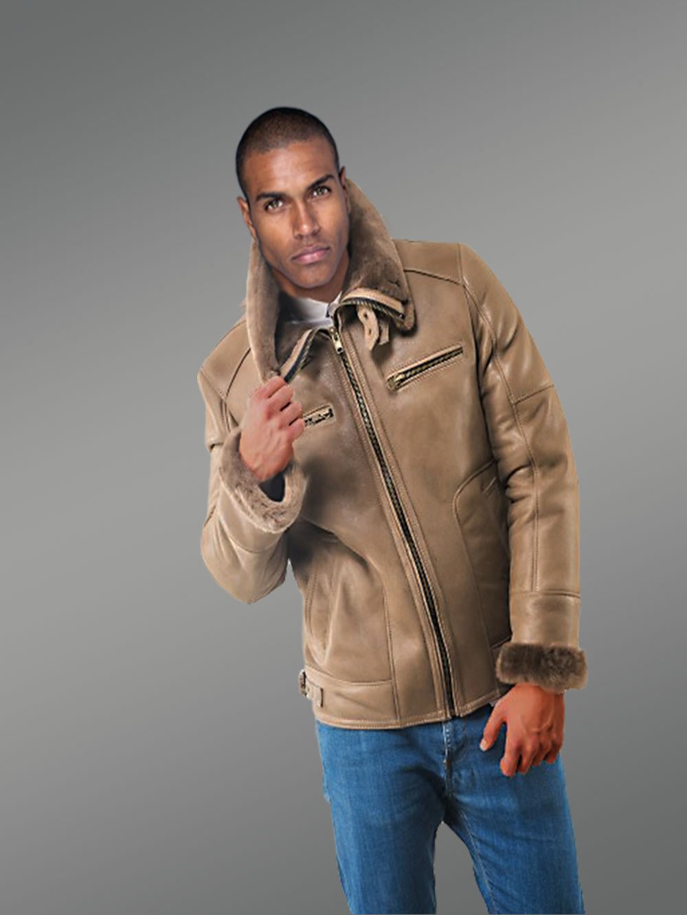 Genuine Sheepskin Shearling Bomber Jacket - Image 2