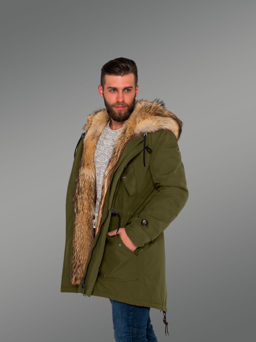 Golden Island Fox Fur Green Hybrid Parka Convertibles for Men to Envy Men - Image 4