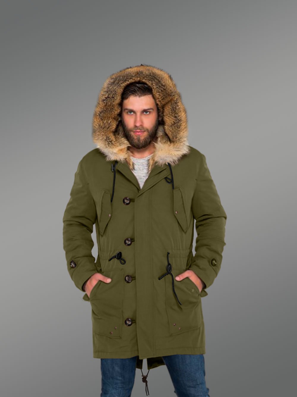 Golden Island Fox Fur Green Hybrid Parka Convertibles for Men to Envy Men - Image 3