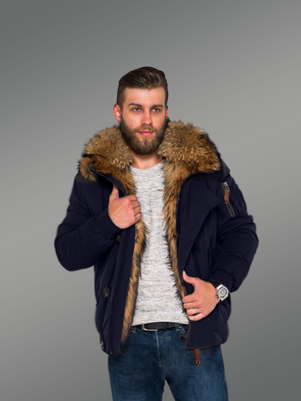 Tastefully Crafted Hybrid Finn Raccoon Fur Navy Parka for Men with Rabbit Liner