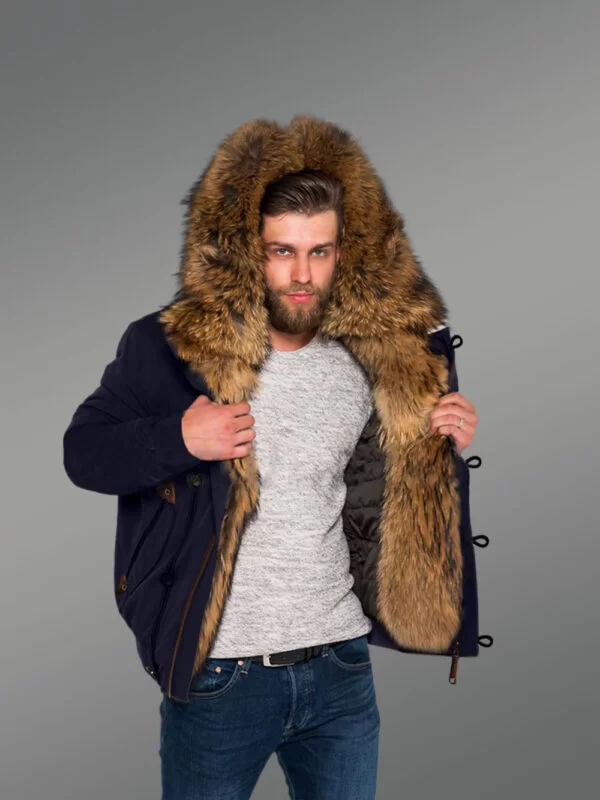 Tastefully Crafted Hybrid Finn Raccoon Fur Navy Parka for Men with Rabbit Liner - Image 2