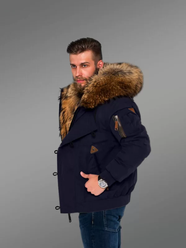 Tastefully Crafted Hybrid Finn Raccoon Fur Navy Parka for Men with Rabbit Liner - Image 4