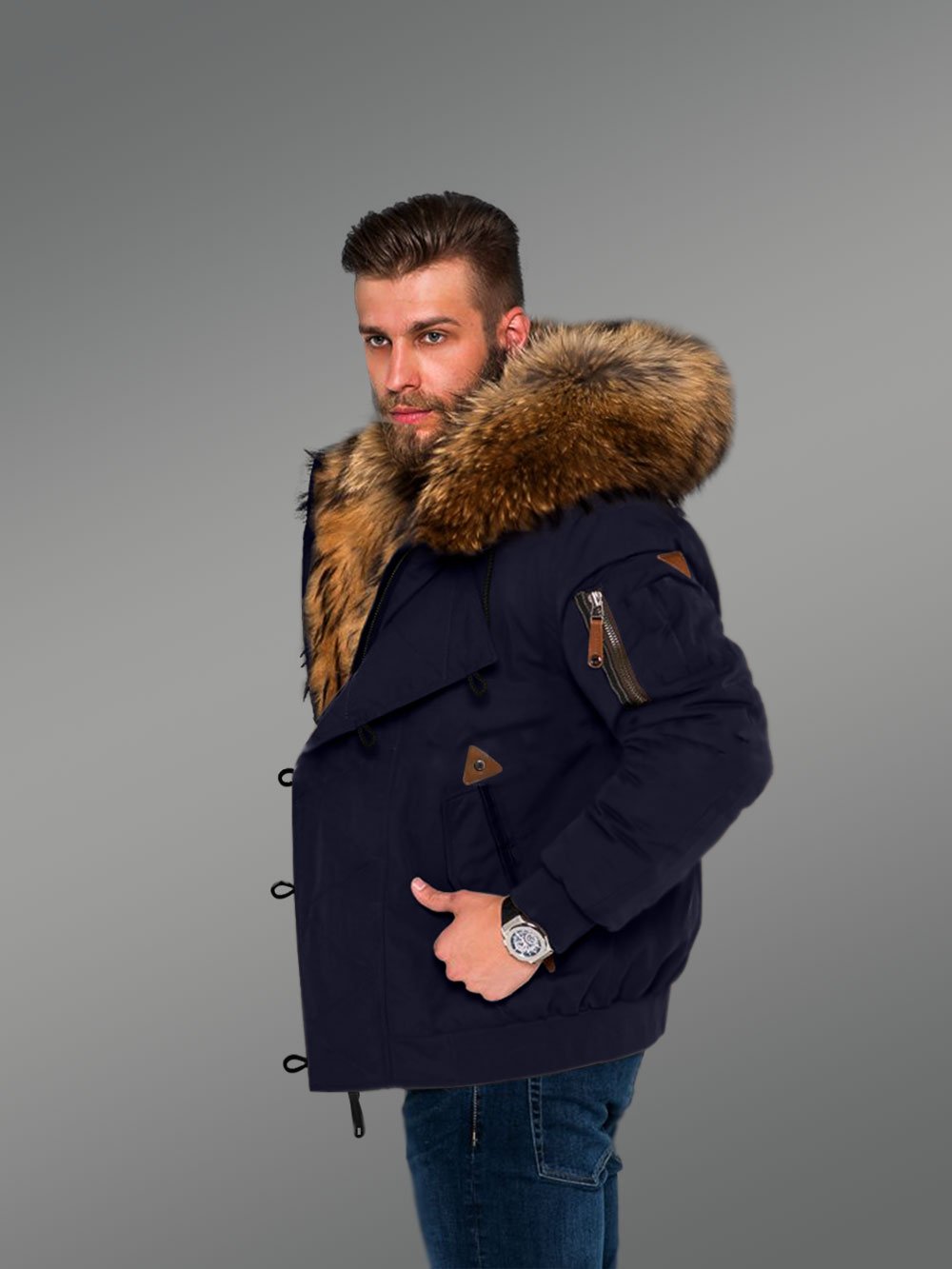 Tastefully Crafted Hybrid Finn Raccoon Fur Navy Parka for Men with Rabbit Liner - Image 4