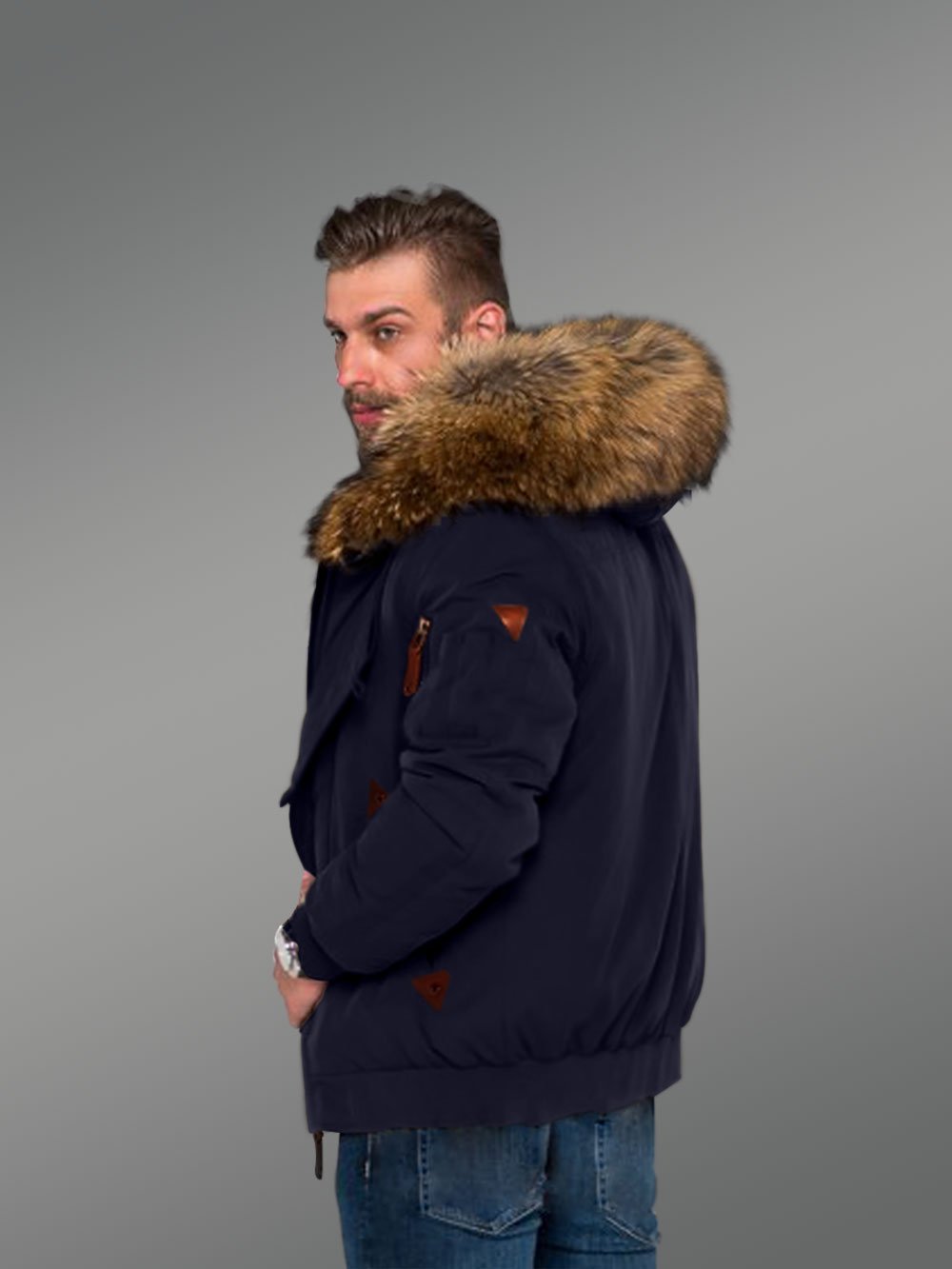 Tastefully Crafted Hybrid Finn Raccoon Fur Navy Parka for Men with Rabbit Liner - Image 5