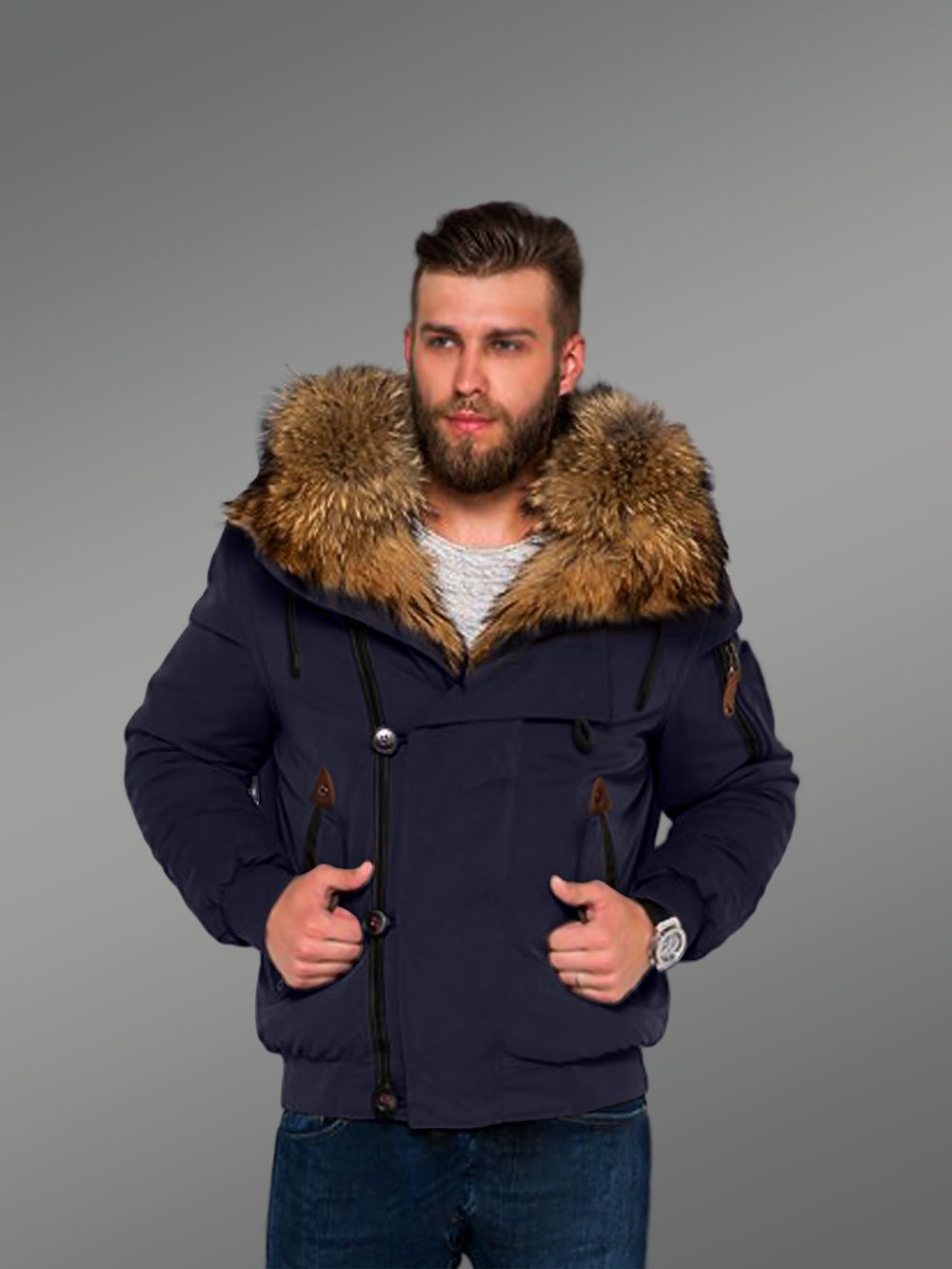 Tastefully Crafted Hybrid Finn Raccoon Fur Navy Parka for Men with Rabbit Liner - Image 3