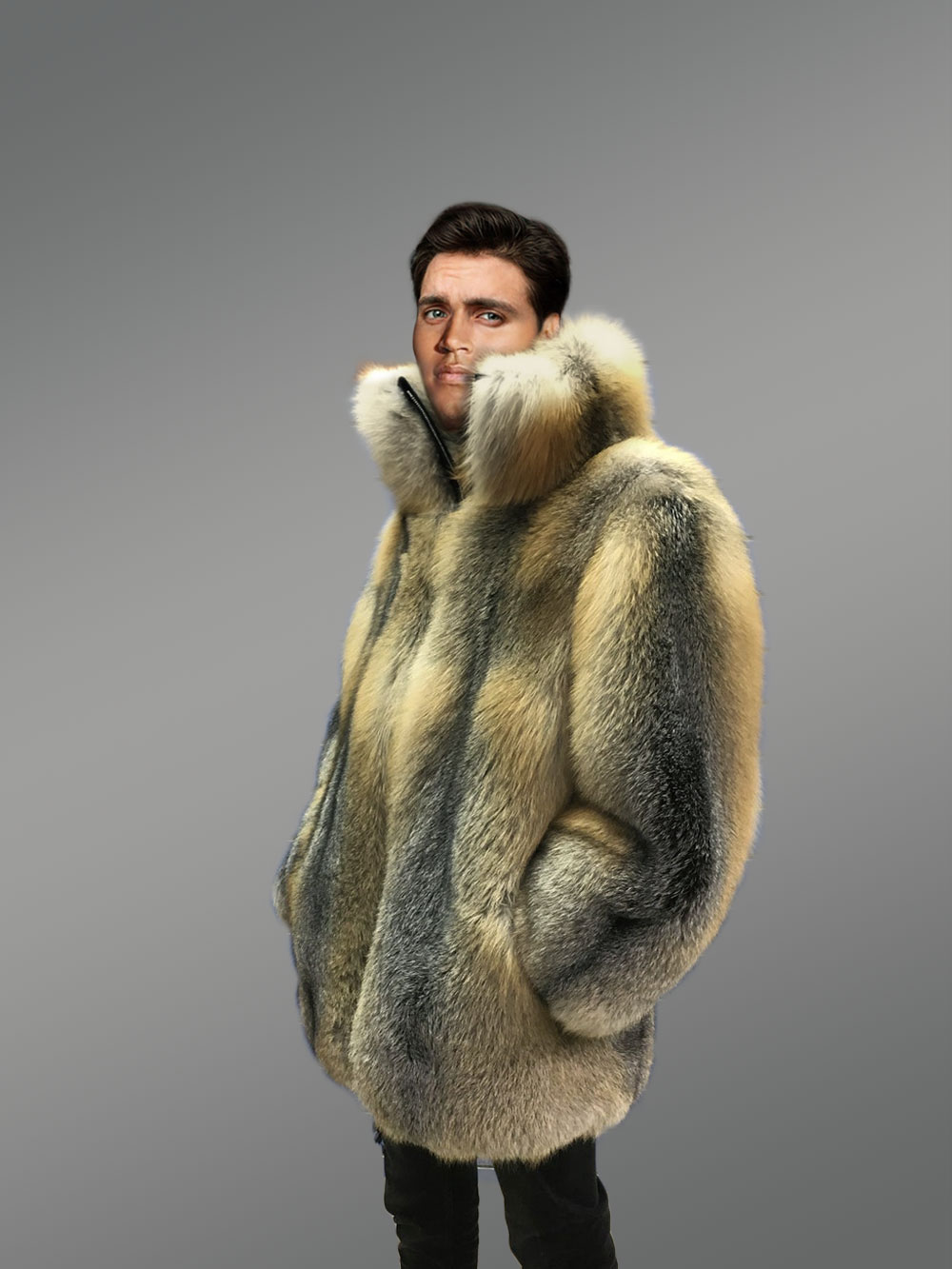 Luxury Full Skin Golden Island Fox Fur Coat for Men