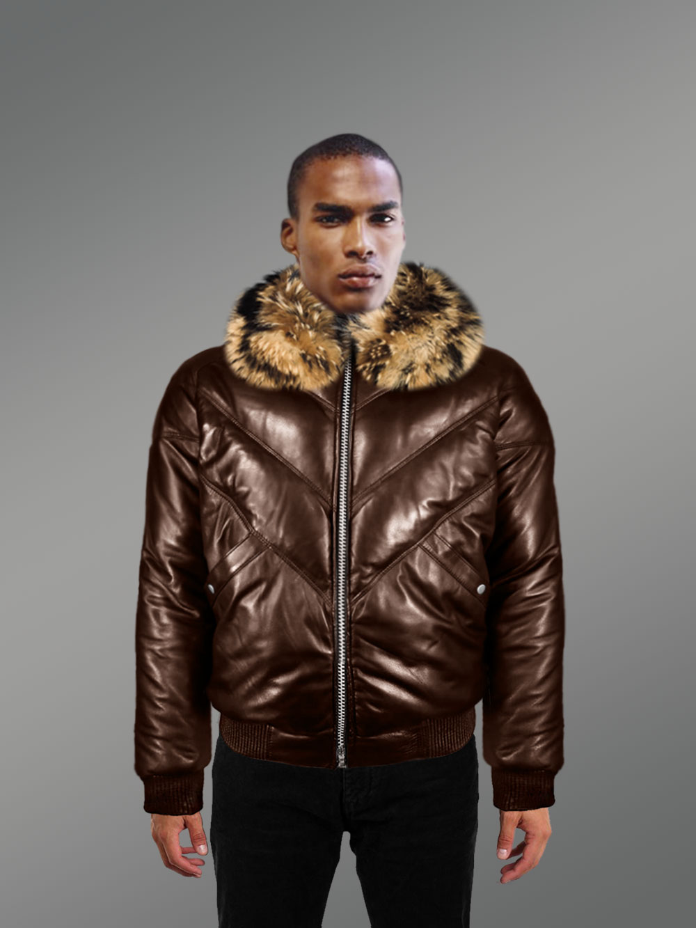 Men’s 100% Real Leather Coffee V Bomber Winter Jacket With Raccoon Fur Collar