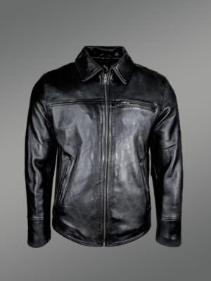 Men’s Black Leather Jacket with Firm Stand Collar