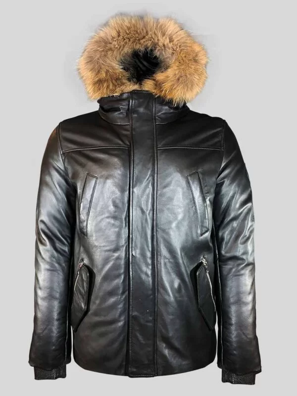 Men's Black Real Leather Parka with Raccoon Trim on Hood