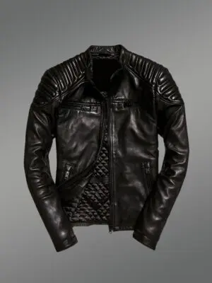 Men’s Classy Coal-Black Collarless Real Leather Sturdy Winter Jacket