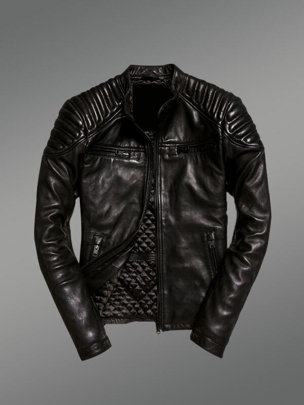 Men’s Classy Coal-Black Collarless Real Leather Sturdy Winter Jacket