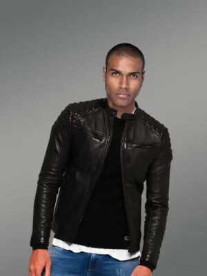 Men’s Classy Coal-Black Collarless Real Leather Sturdy Winter Jacket