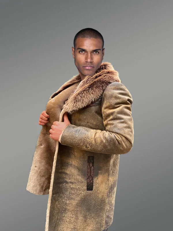 Men's Shearling Coat with Fox Fur Collar and Original Python Skin Trims - Image 3